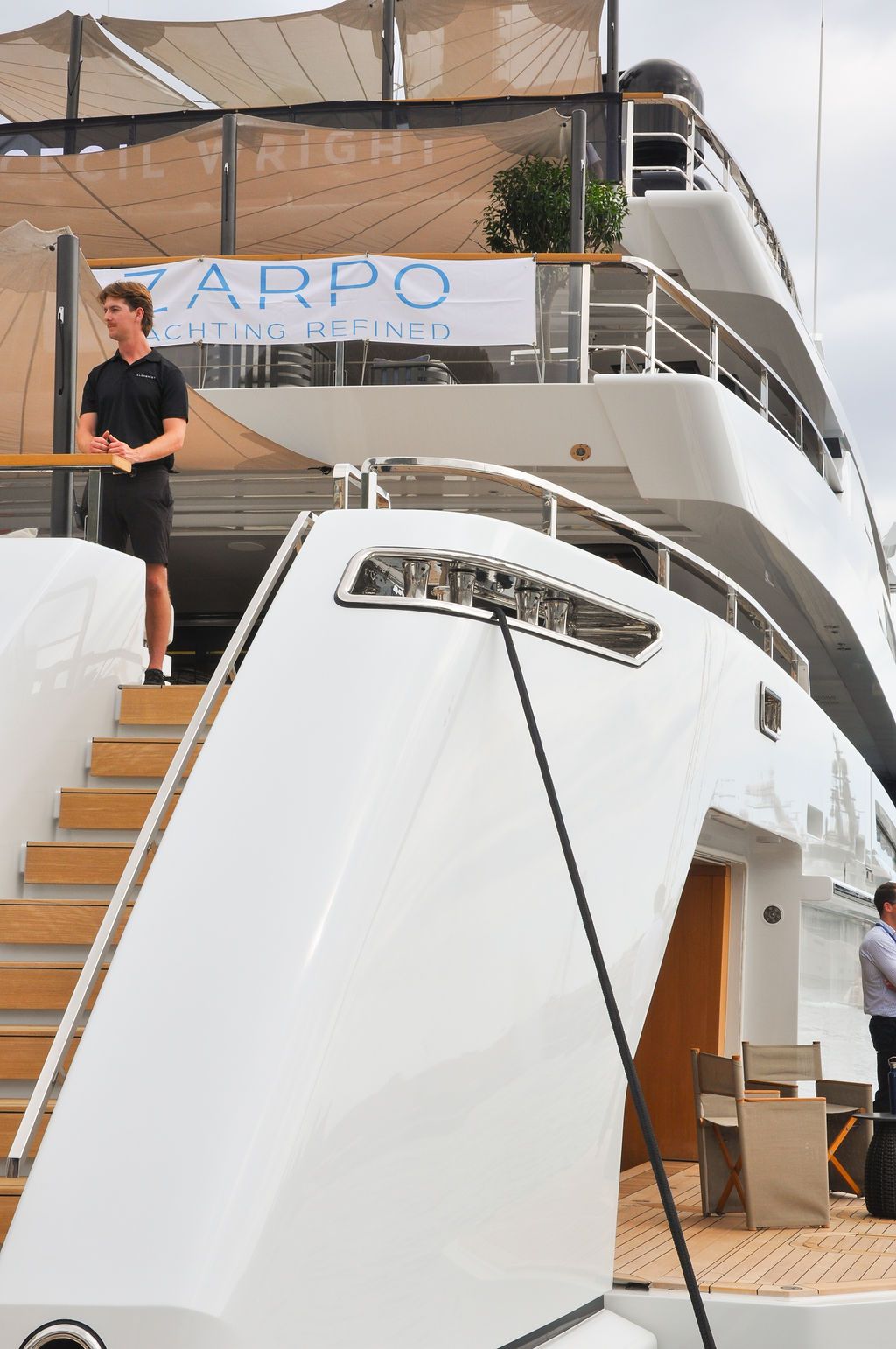 Yachts and crew on the docks at the 2026 Monaco Yacht Show in Port Hercule, Monaco.