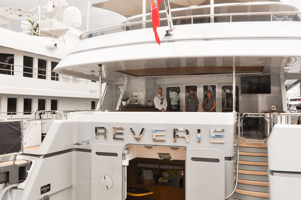 Yachts and crew on the docks at the 2026 Monaco Yacht Show in Port Hercule, Monaco.