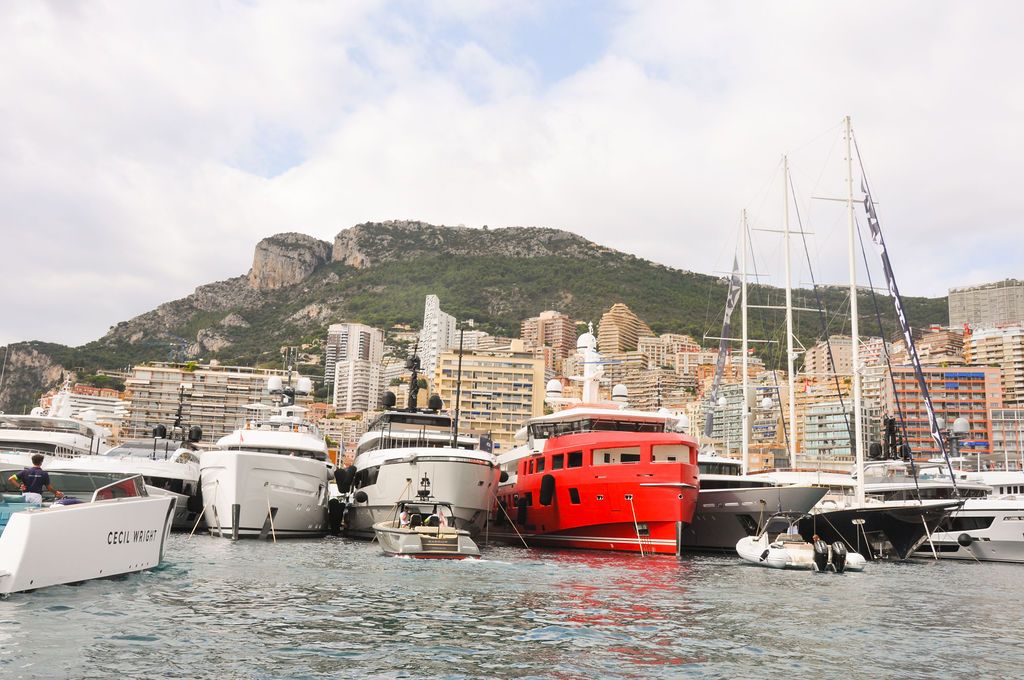 Yachts and crew on the docks at the 2026 Monaco Yacht Show in Port Hercule, Monaco.