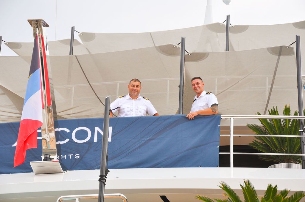 Yachts and crew on the docks at the 2026 Monaco Yacht Show in Port Hercule, Monaco.