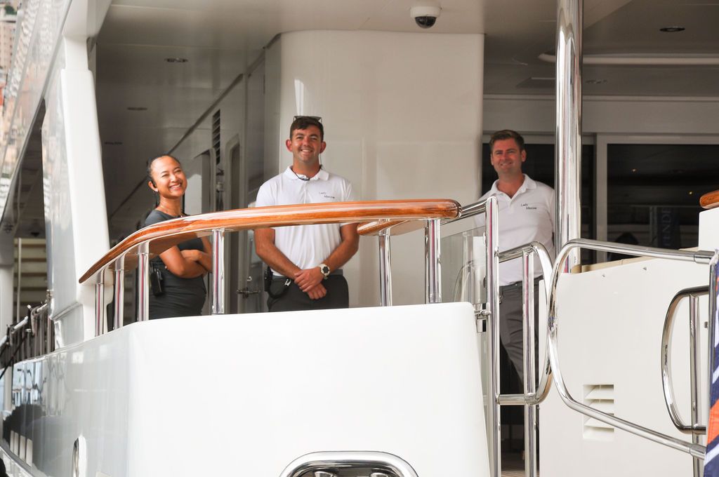 Yachts and crew on the docks at the 2026 Monaco Yacht Show in Port Hercule, Monaco.