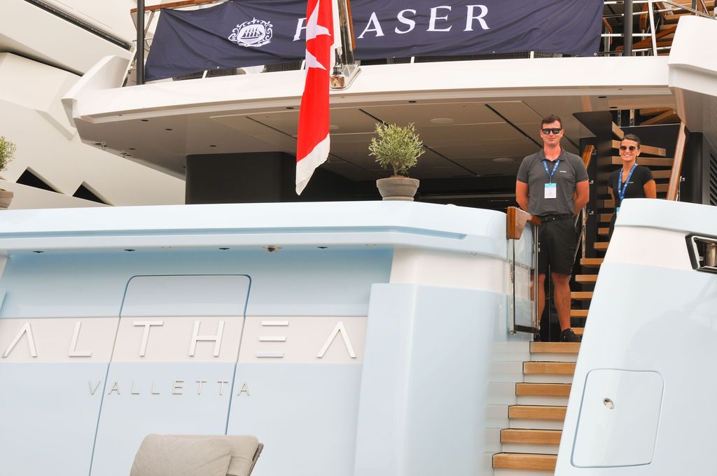 Yachts and crew on the docks at the 2026 Monaco Yacht Show in Port Hercule, Monaco.