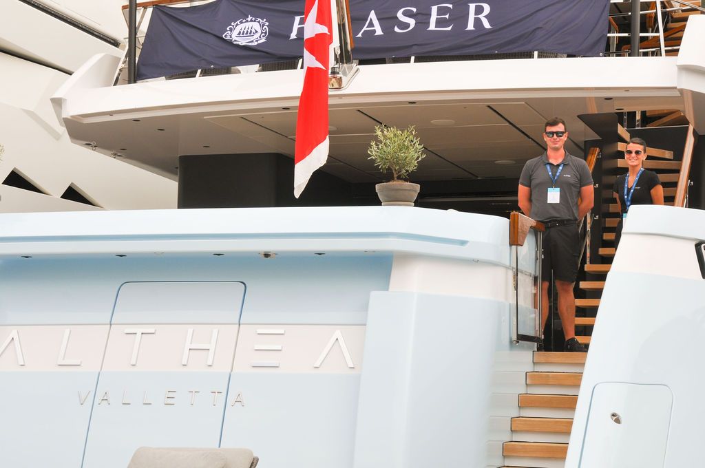 Yachts and crew on the docks at the 2026 Monaco Yacht Show in Port Hercule, Monaco.