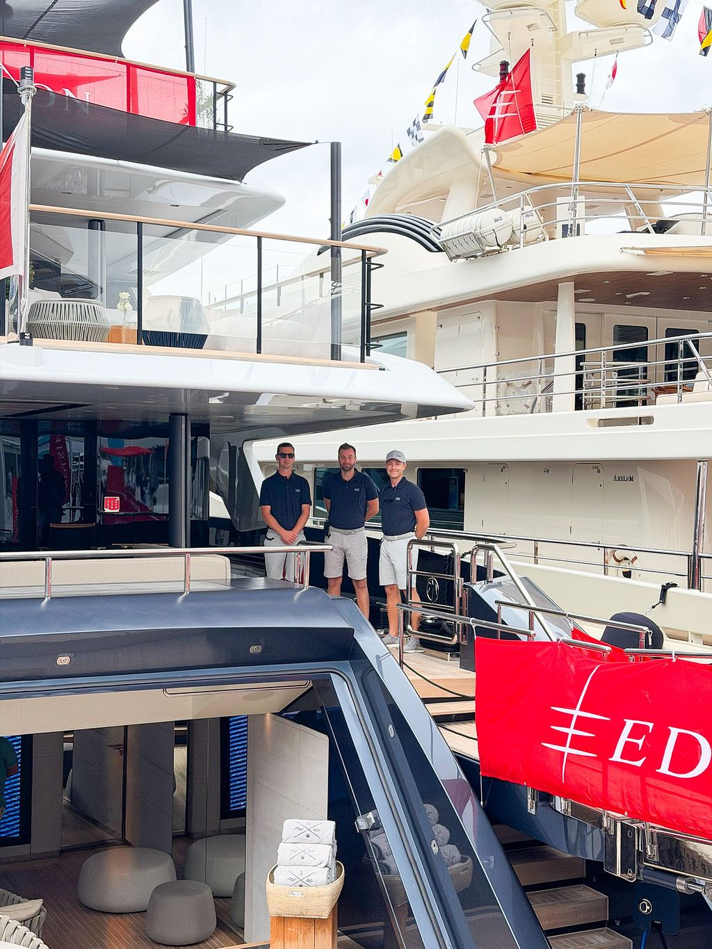 Yachts and crew on the docks at the 2026 Monaco Yacht Show in Port Hercule, Monaco.