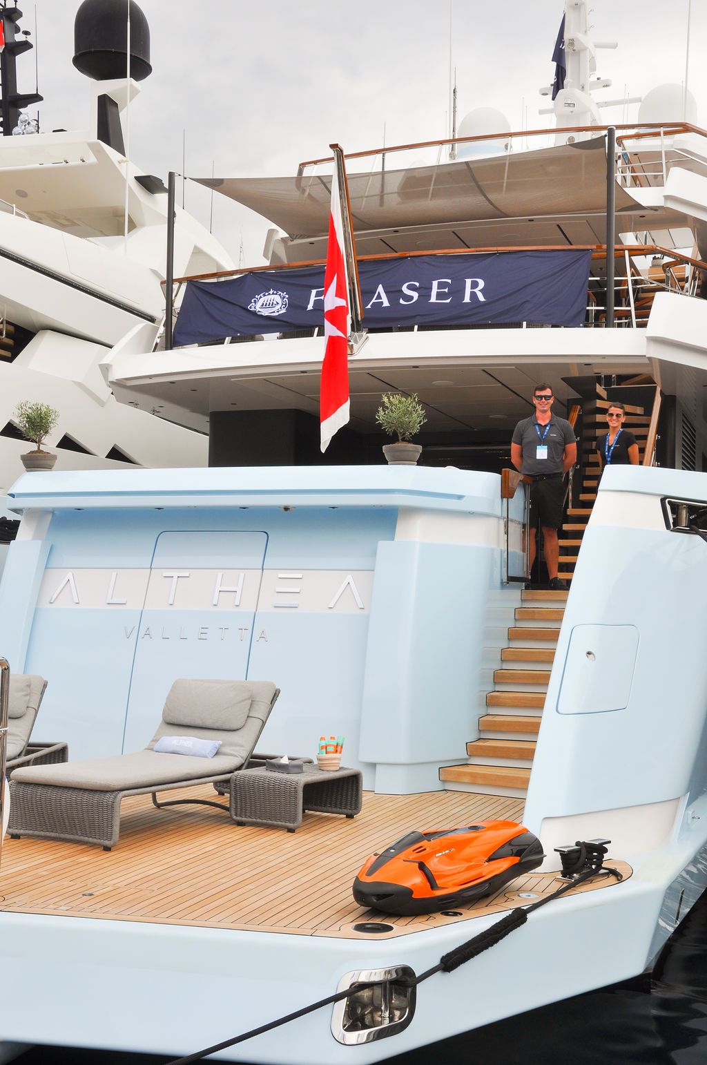 Yachts and crew on the docks at the 2026 Monaco Yacht Show in Port Hercule, Monaco.
