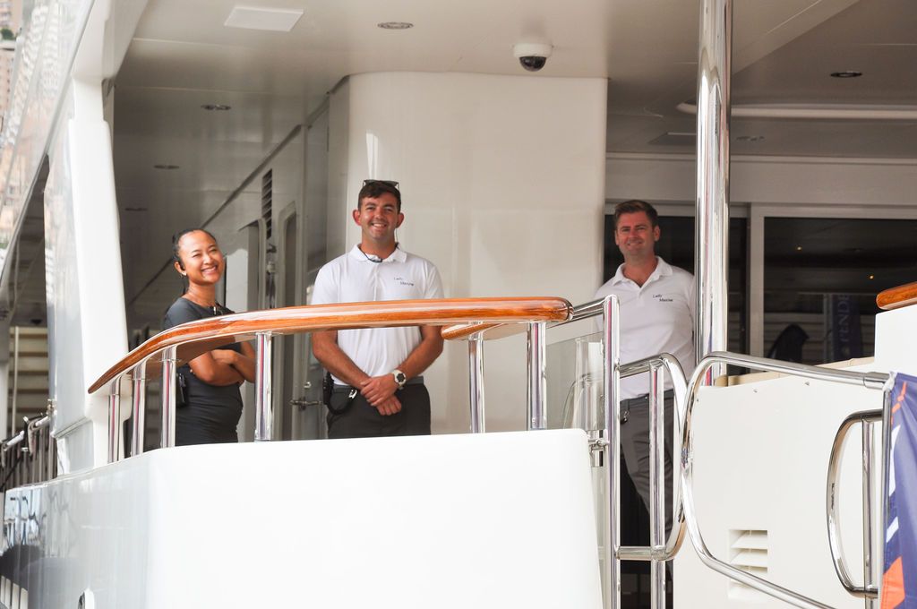 Yachts and crew on the docks at the 2026 Monaco Yacht Show in Port Hercule, Monaco.