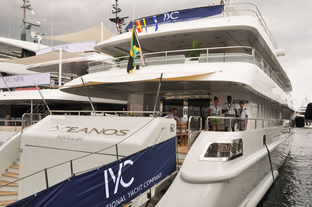 Yachts and crew on the docks at the 2026 Monaco Yacht Show in Port Hercule, Monaco.