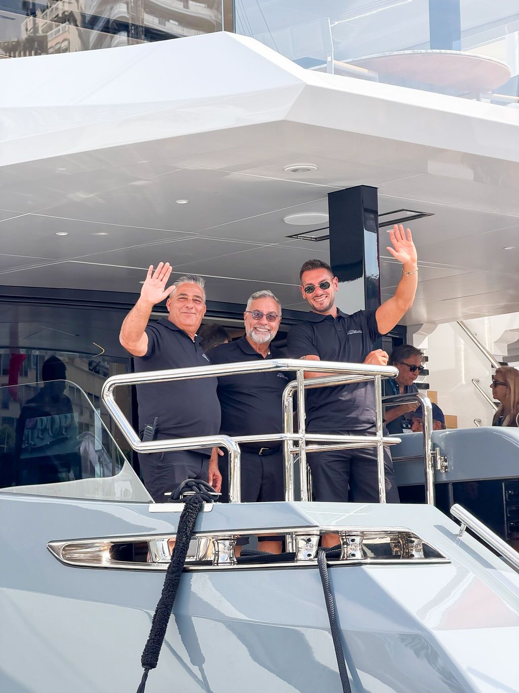 Yachts and crew on the docks at the 2026 Monaco Yacht Show in Port Hercule, Monaco.