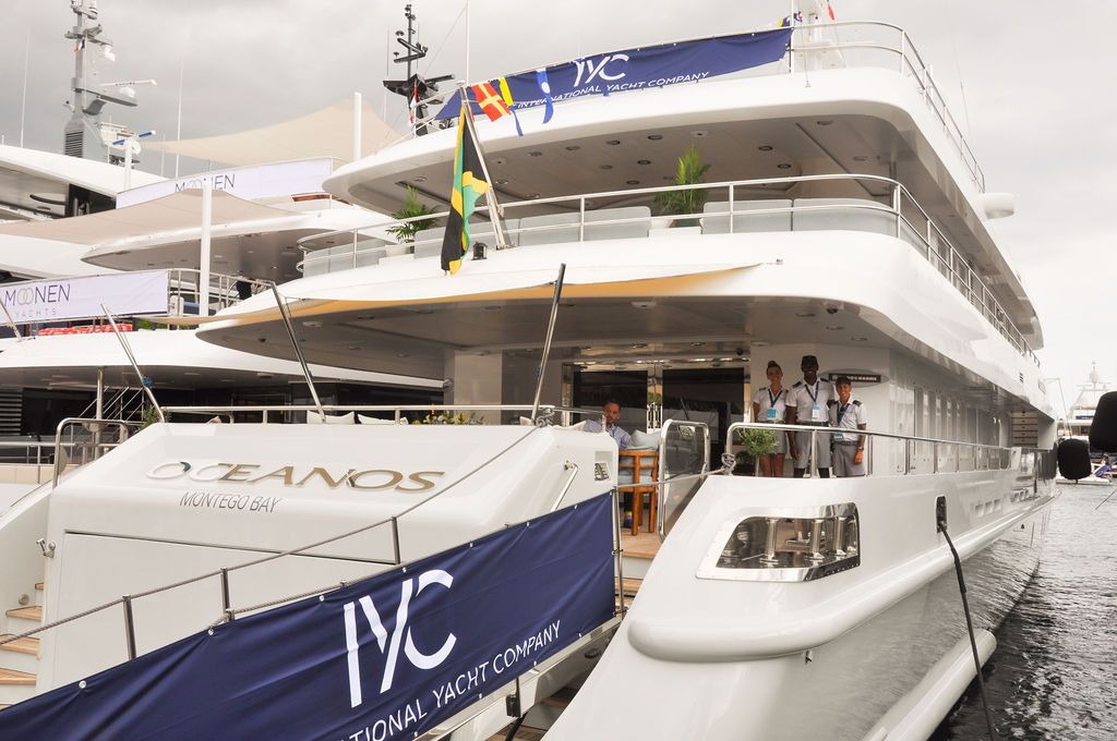 Yachts and crew on the docks at the 2026 Monaco Yacht Show in Port Hercule, Monaco.