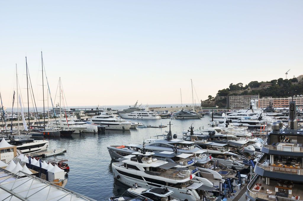 Yachts and crew on the docks at the 2026 Monaco Yacht Show in Port Hercule, Monaco.