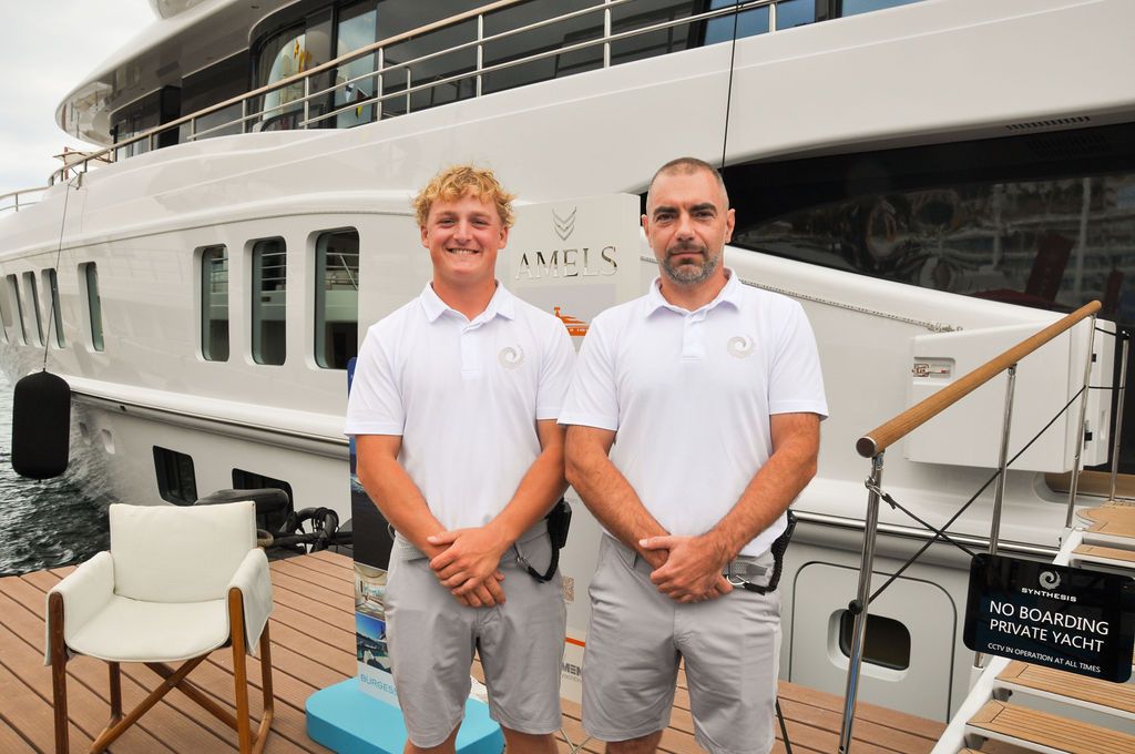 Yachts and crew on the docks at the 2026 Monaco Yacht Show in Port Hercule, Monaco.