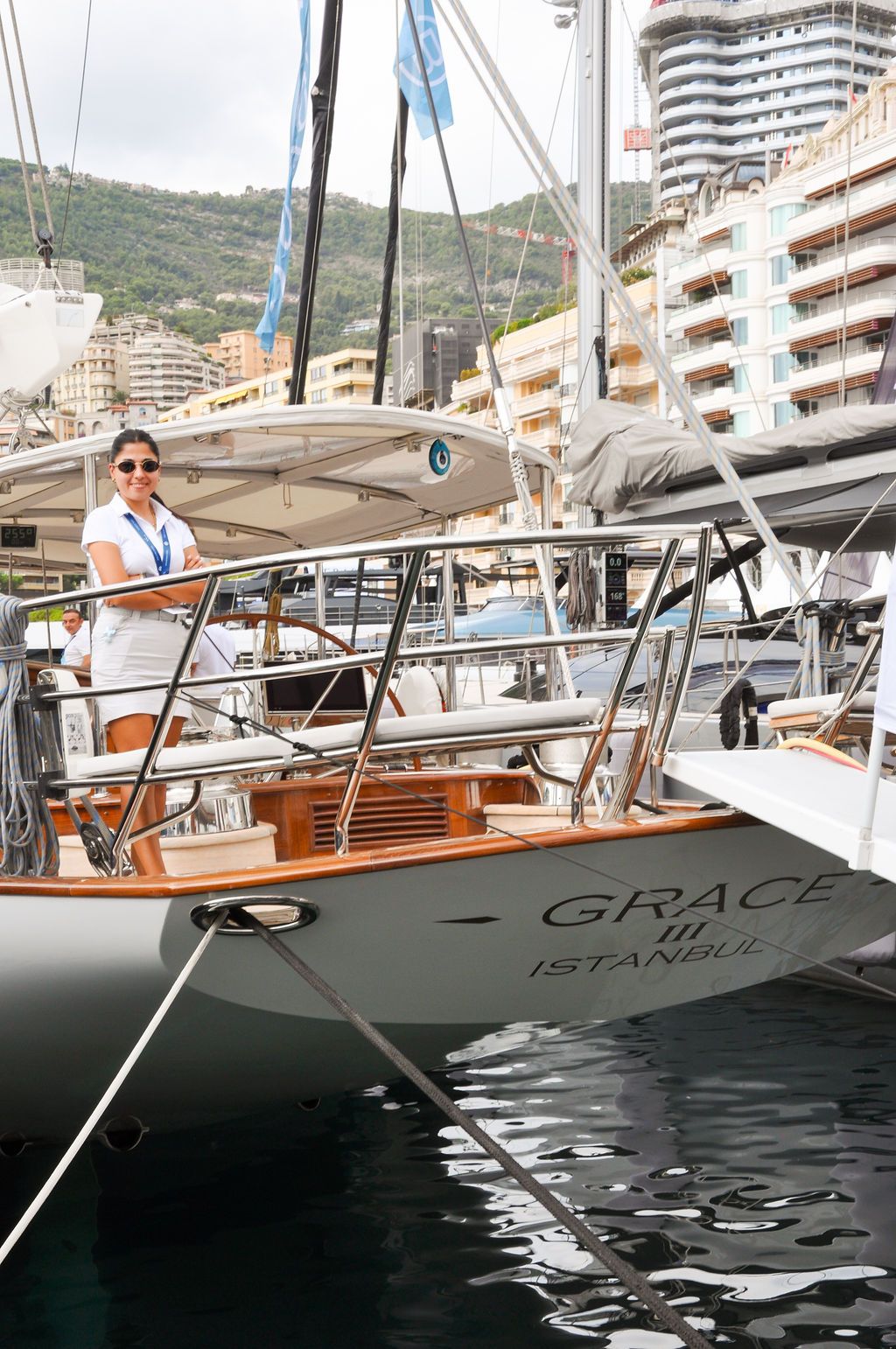 Yachts and crew on the docks at the 2026 Monaco Yacht Show in Port Hercule, Monaco.