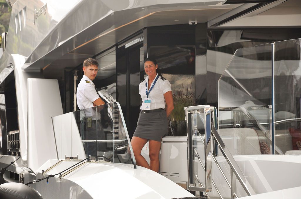 Yachts and crew on the docks at the 2026 Monaco Yacht Show in Port Hercule, Monaco.