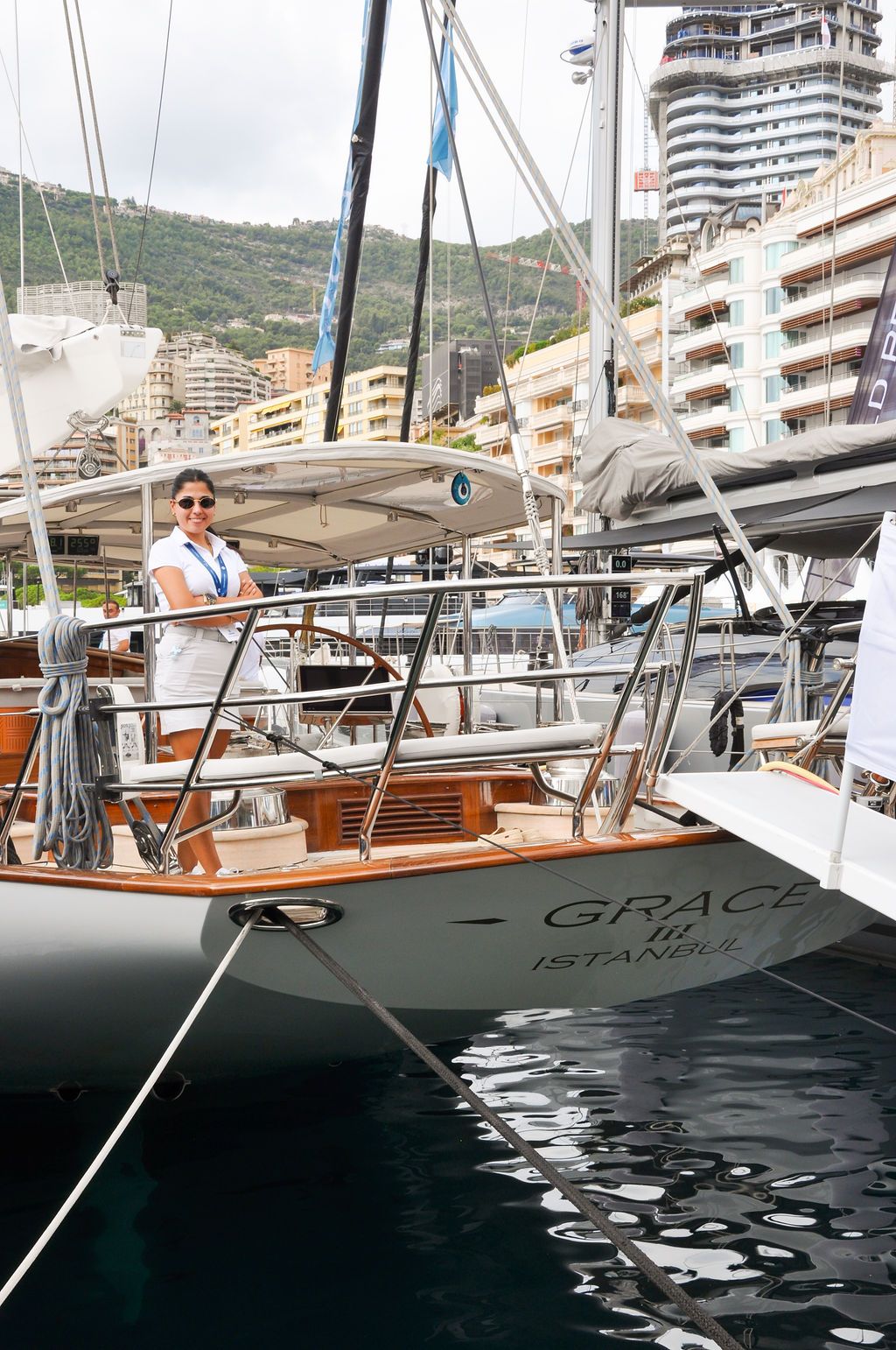 Yachts and crew on the docks at the 2026 Monaco Yacht Show in Port Hercule, Monaco.