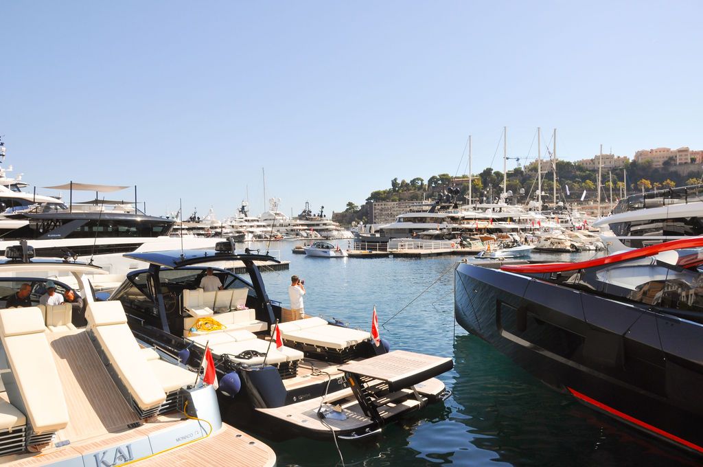 Yachts and crew on the docks at the 2026 Monaco Yacht Show in Port Hercule, Monaco.