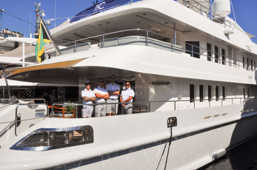 Yachts and crew on the docks at the 2026 Monaco Yacht Show in Port Hercule, Monaco.