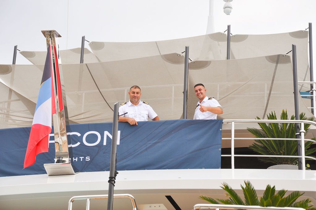 Yachts and crew on the docks at the 2026 Monaco Yacht Show in Port Hercule, Monaco.