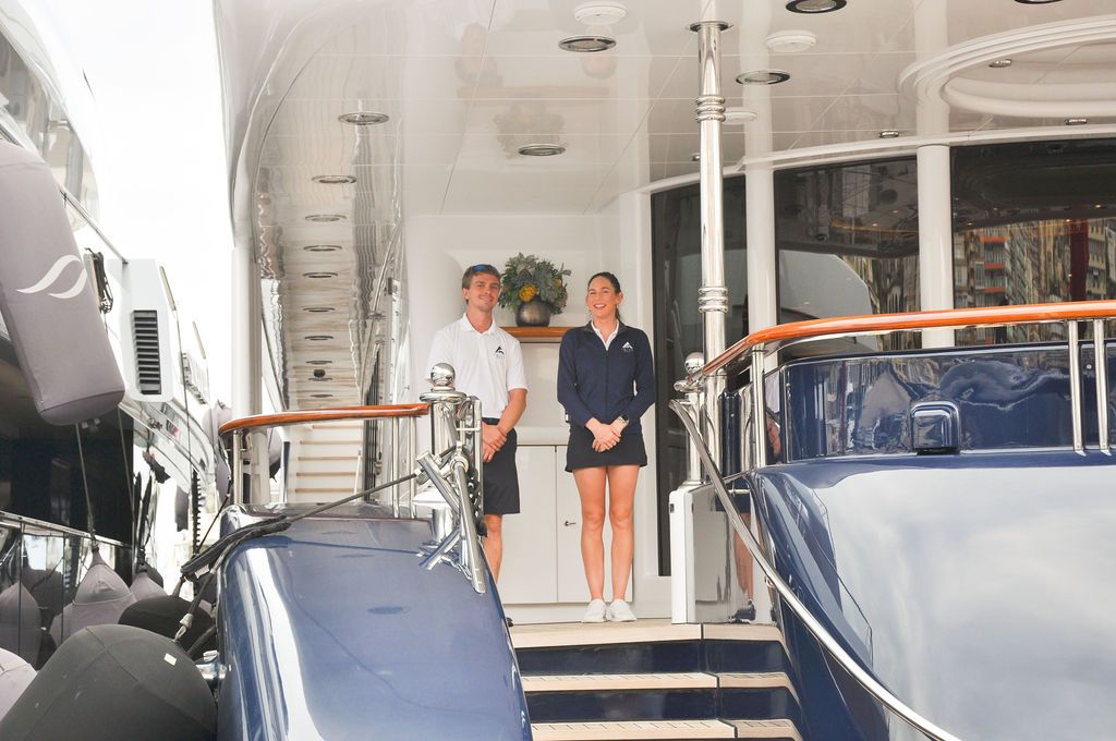 Yachts and crew on the docks at the 2026 Monaco Yacht Show in Port Hercule, Monaco.