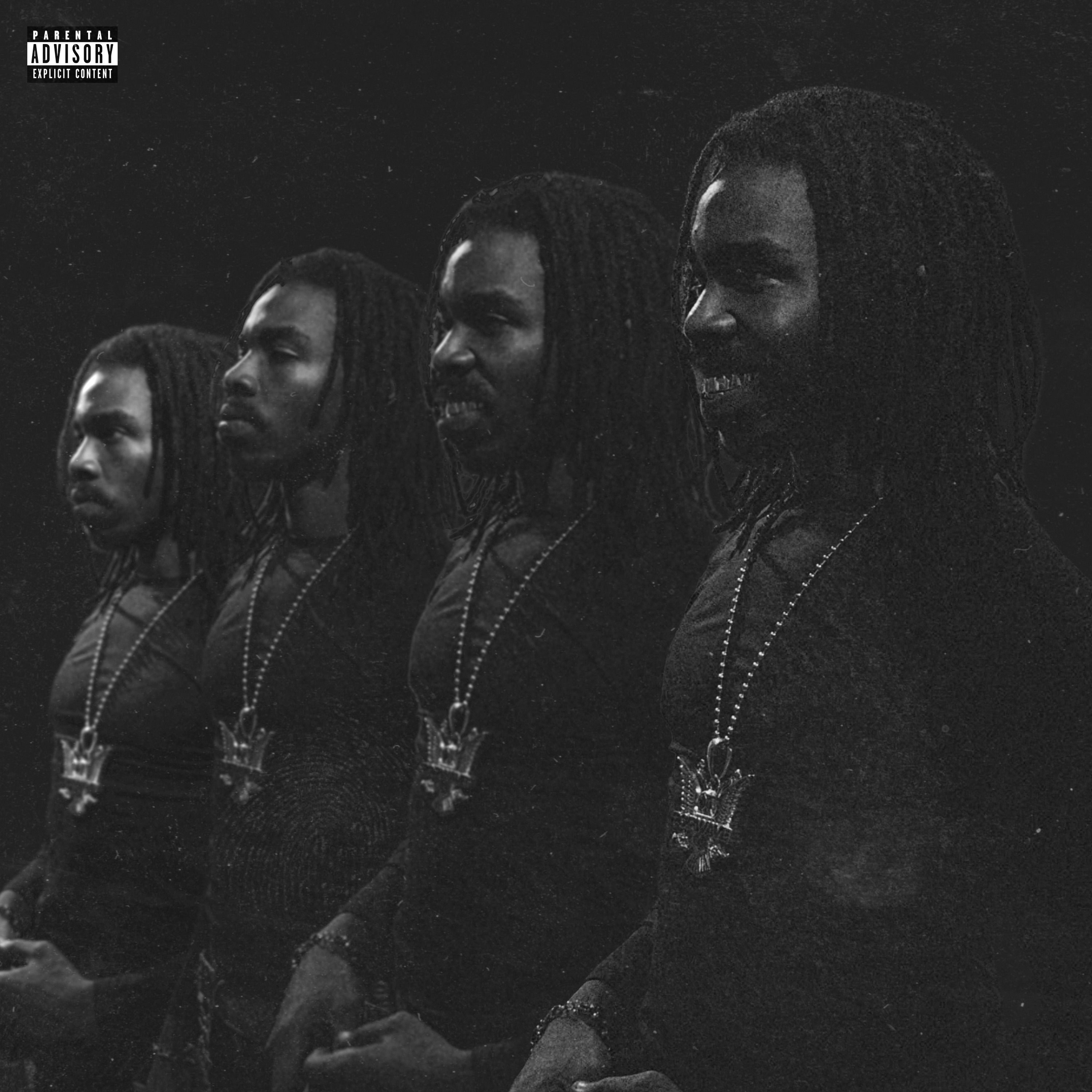 Black-and-white album-style artwork featuring four overlapping portraits of the same dreadlocked man in profile, wearing dark clothing and a large pendant necklace, with a grainy, moody texture and a “Parental Advisory” label in the top-left corner.