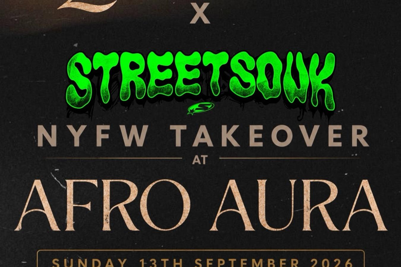 Promotional event flyer for The Quiet Loud x Street Souk NYFW Takeover at Afro Aura in New York, scheduled for Sunday, September 13, 2026, from 9 PM until late, featuring DJs J Gadget, Mohogany, TDR, Dede, Rod Evant, and DJ Spade.