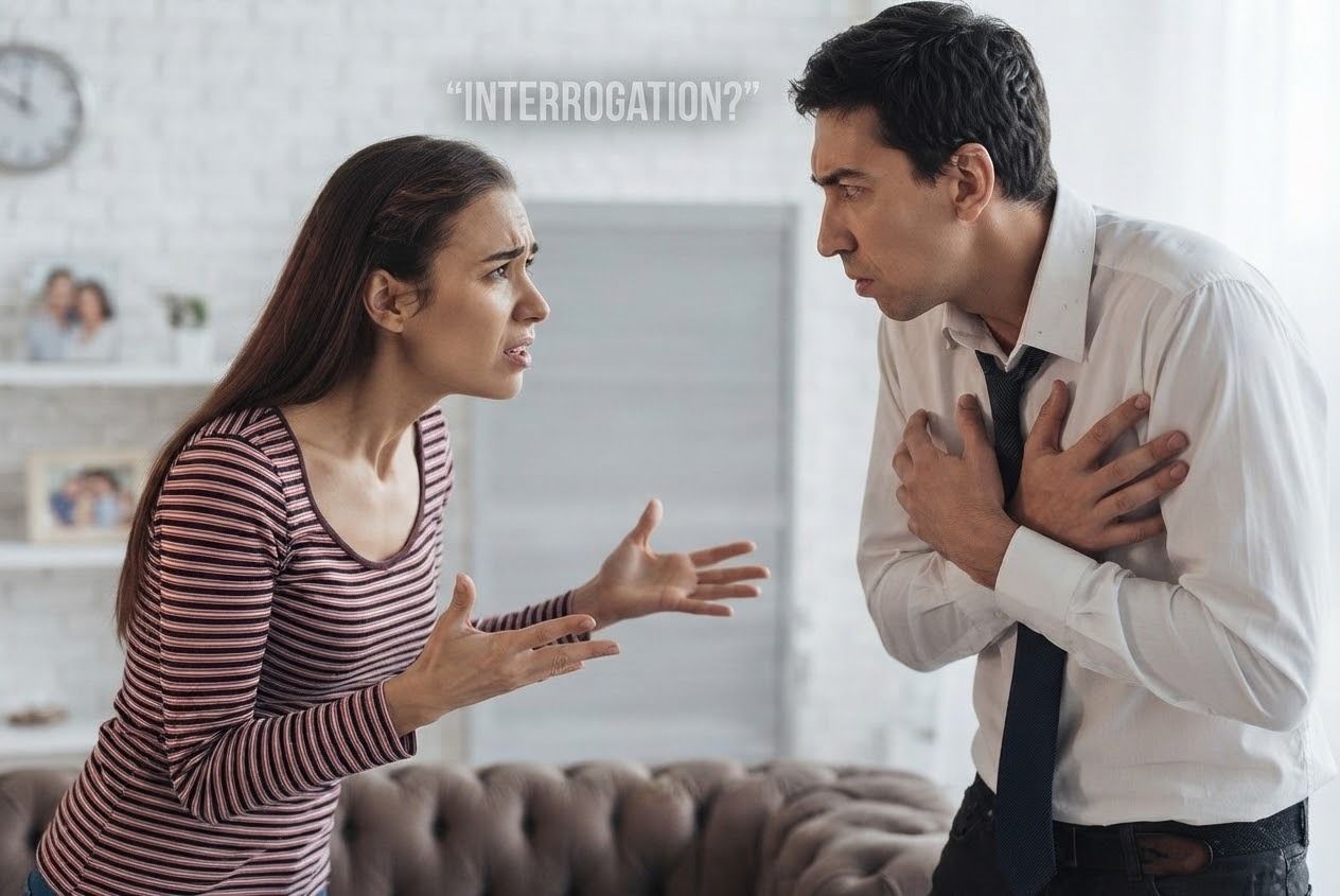 woman and man arguing in a living room