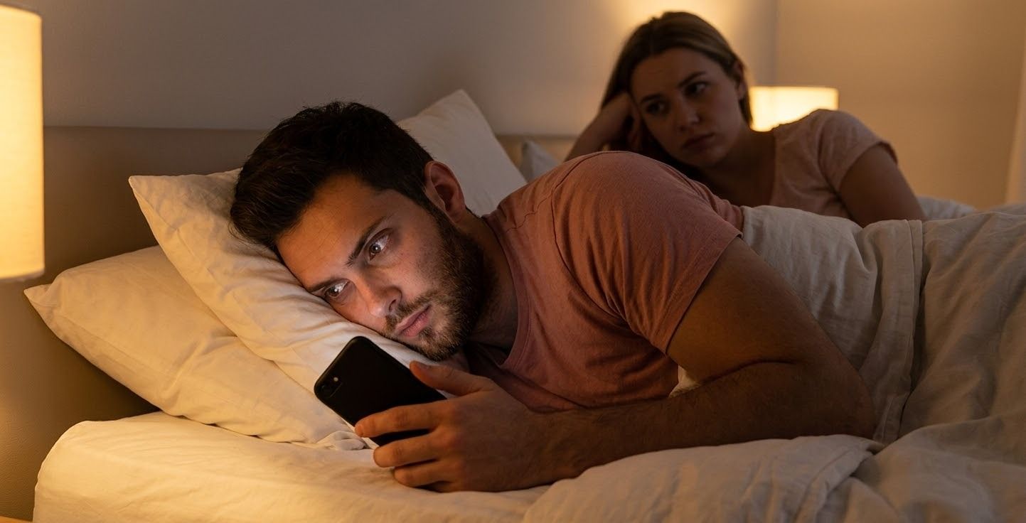 man using his phone while in bed while woman look at him suspiciously