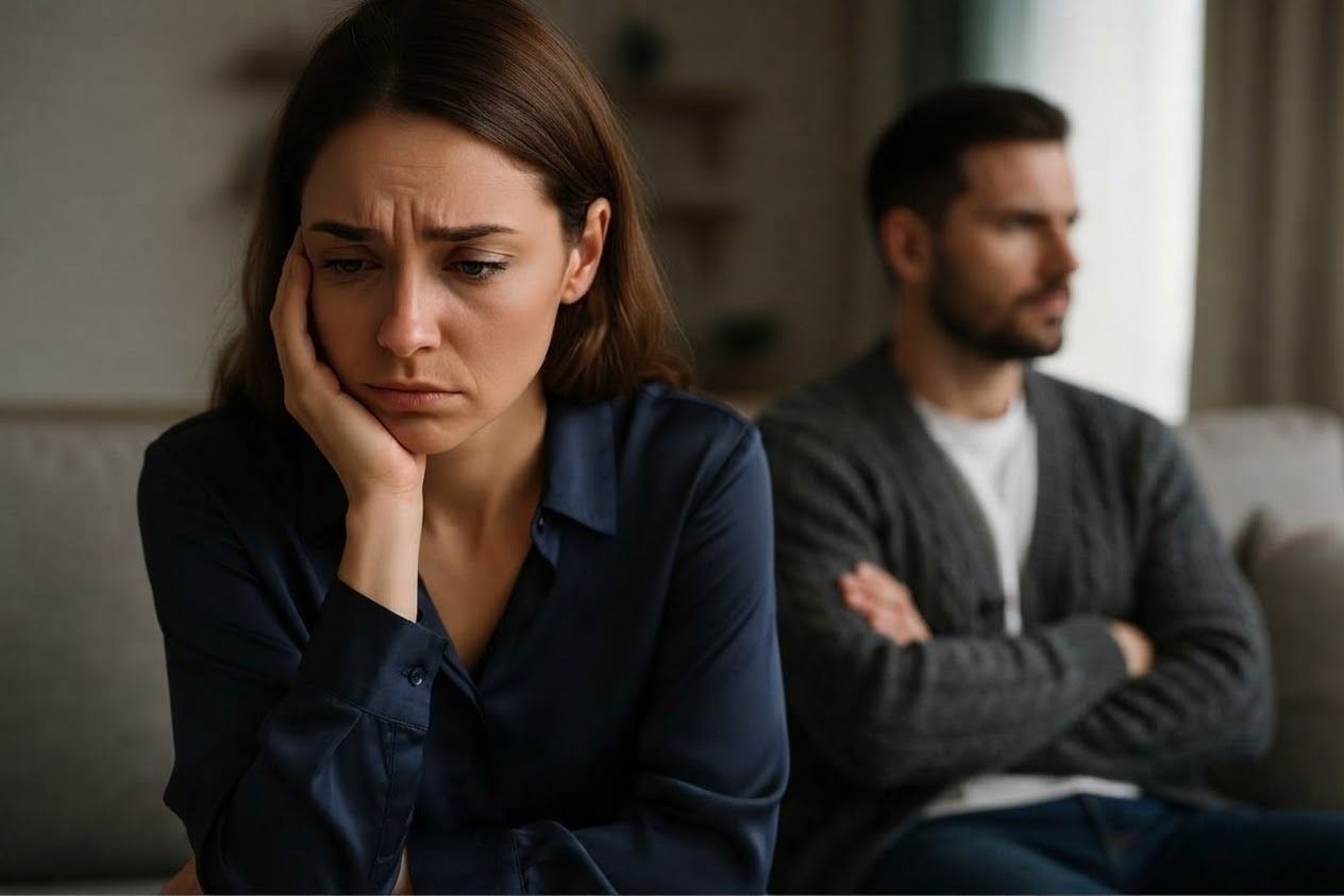 Woman sitting on sofa thingking with man with crossed arm looking the other way in the other side of the sofa