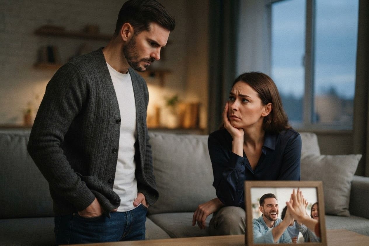 A worried woman looks at her partner beside a framed photo of him socialising with friends.