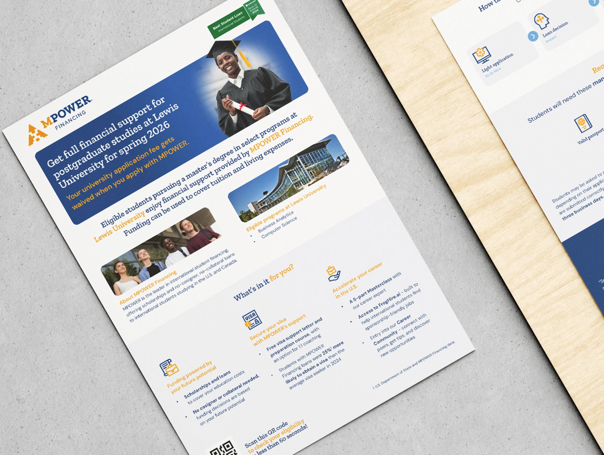 Printed one-pagers for a Lewis University postgraduate offer, laid on concrete with an application-steps page behind them.