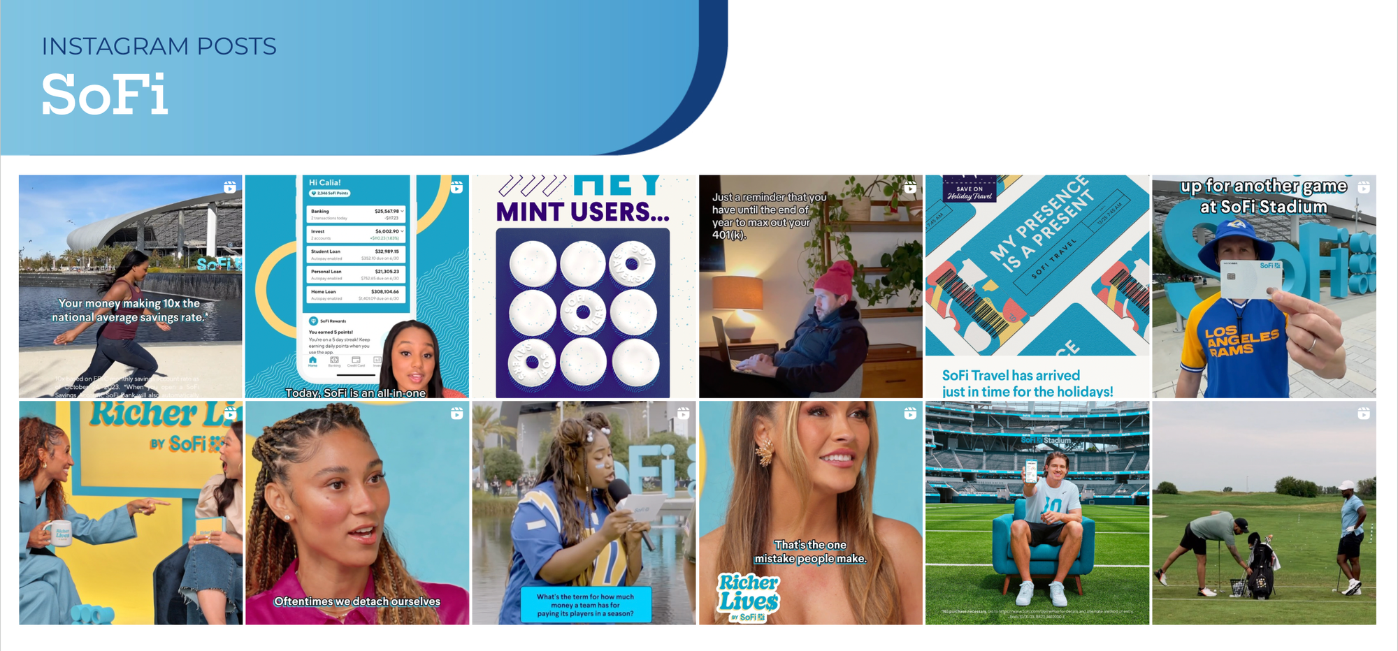 Competitor audit board for SoFi — twelve Instagram posts of stadium shots, app screens and creator clips, under a blue banner.