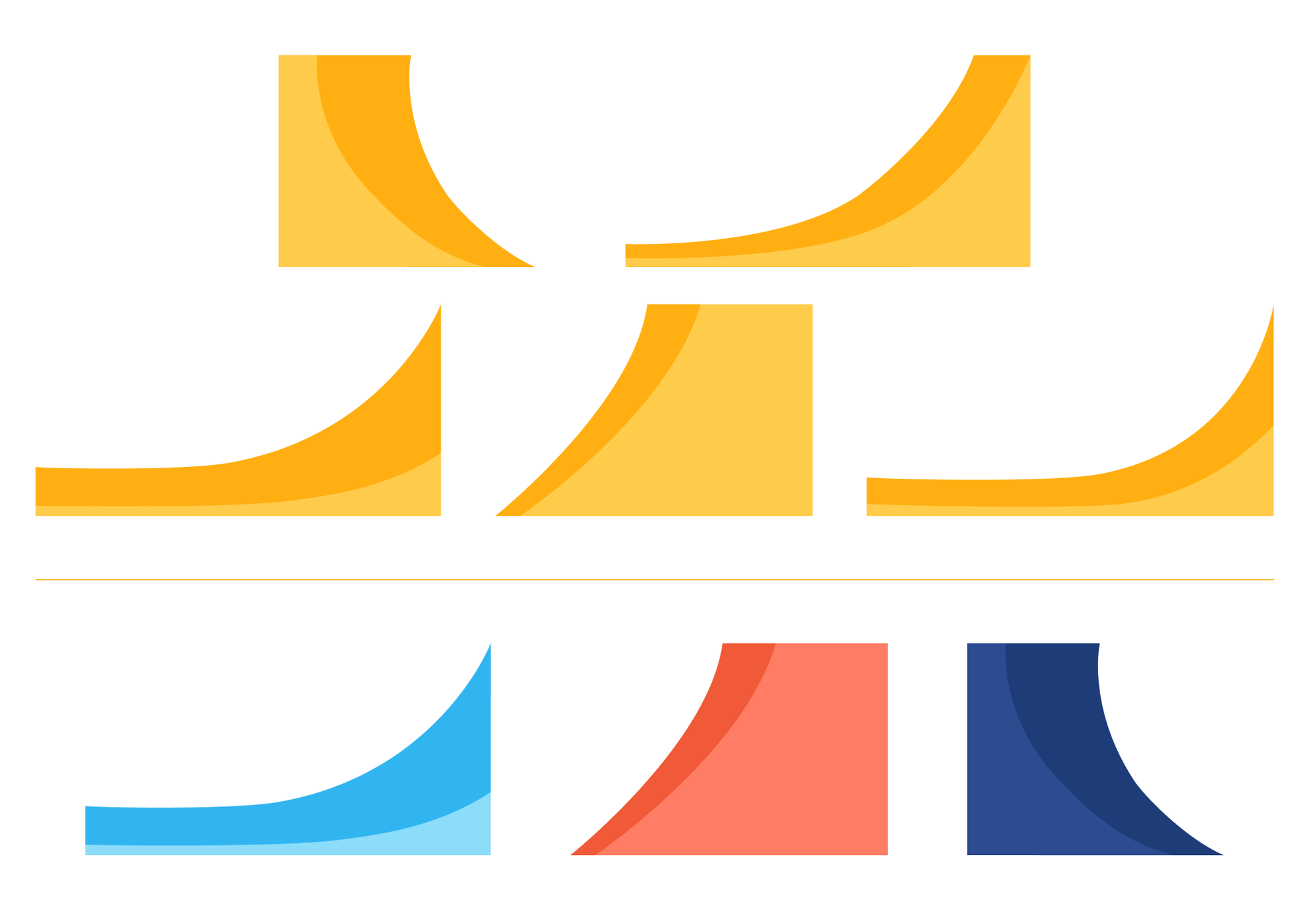 The old graphic device catalogued — six crops of the same yellow curve boxed into squares, with three colourway tests beneath in blue, coral and navy.