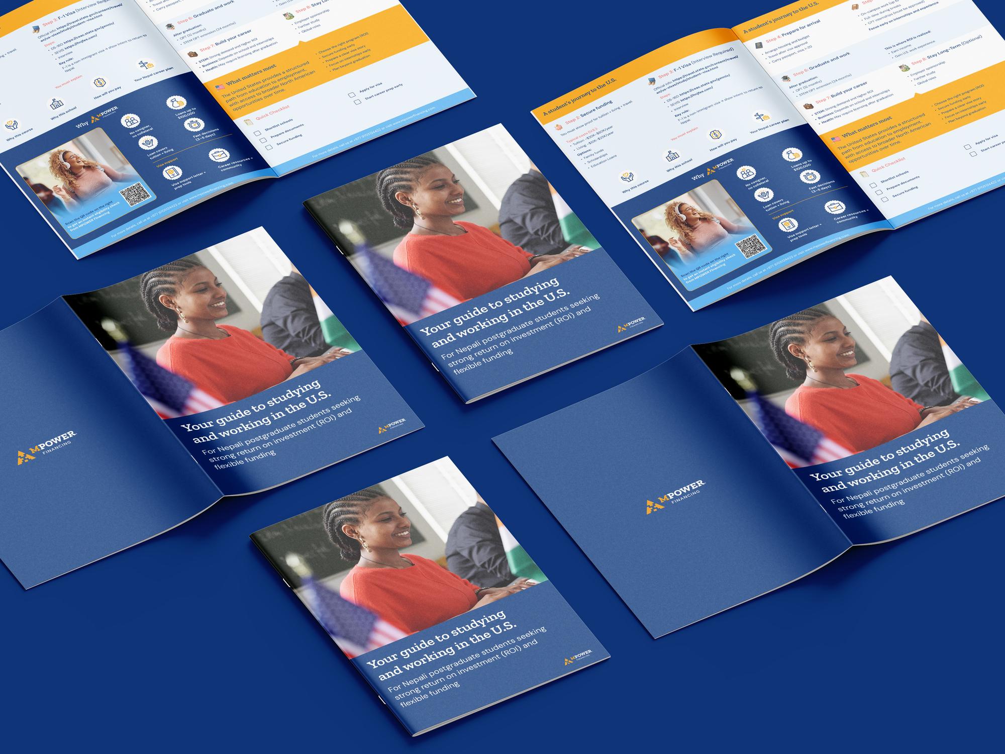 Country guides arranged on navy — “Your guide to studying and working in the U.S.”, covers and inside spreads shown together.