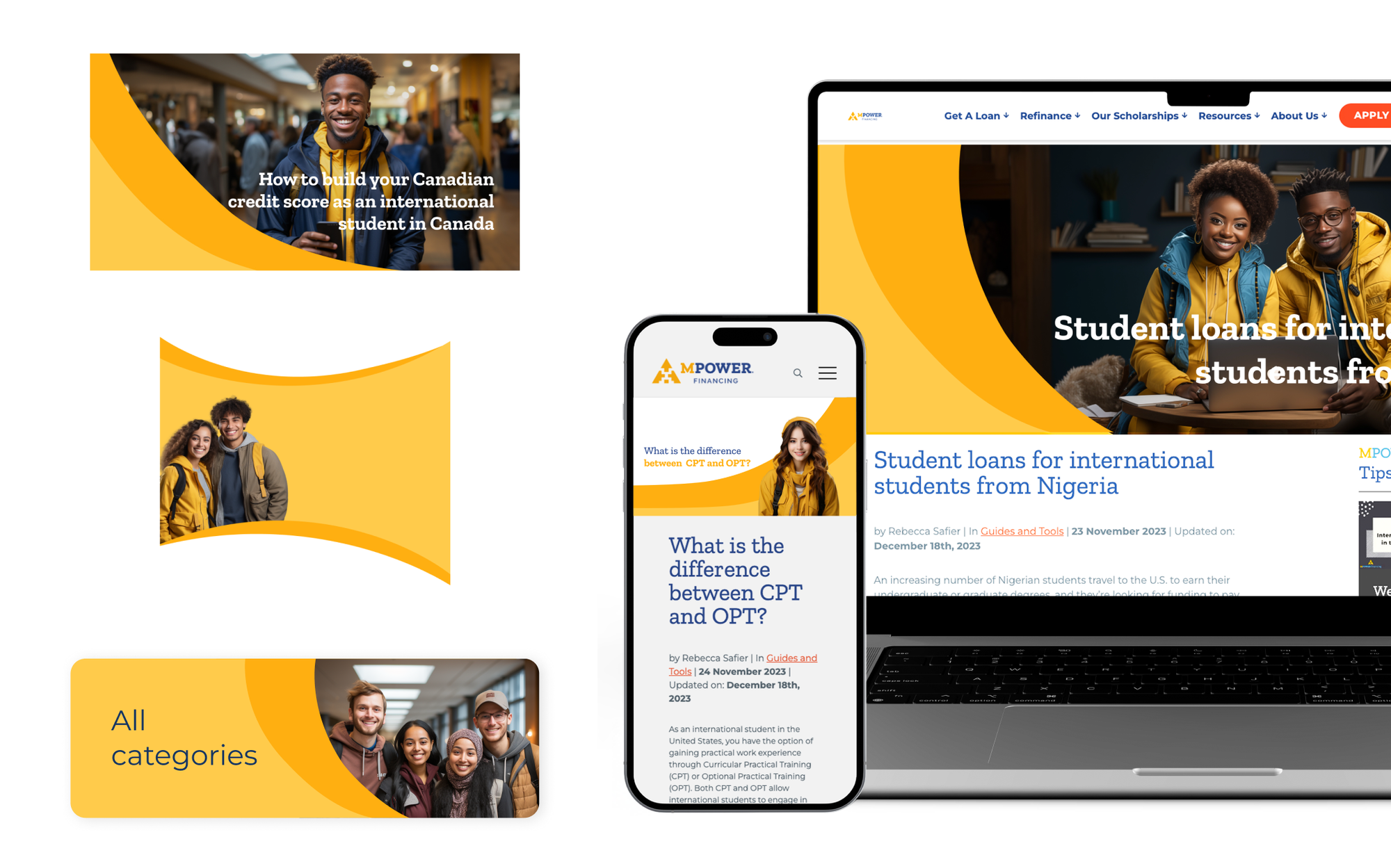 MPOWER’s site and blog before the rebrand, across a laptop, a phone and two article cards — stock student photography cropped behind a yellow curve, headlines set in Montserrat.