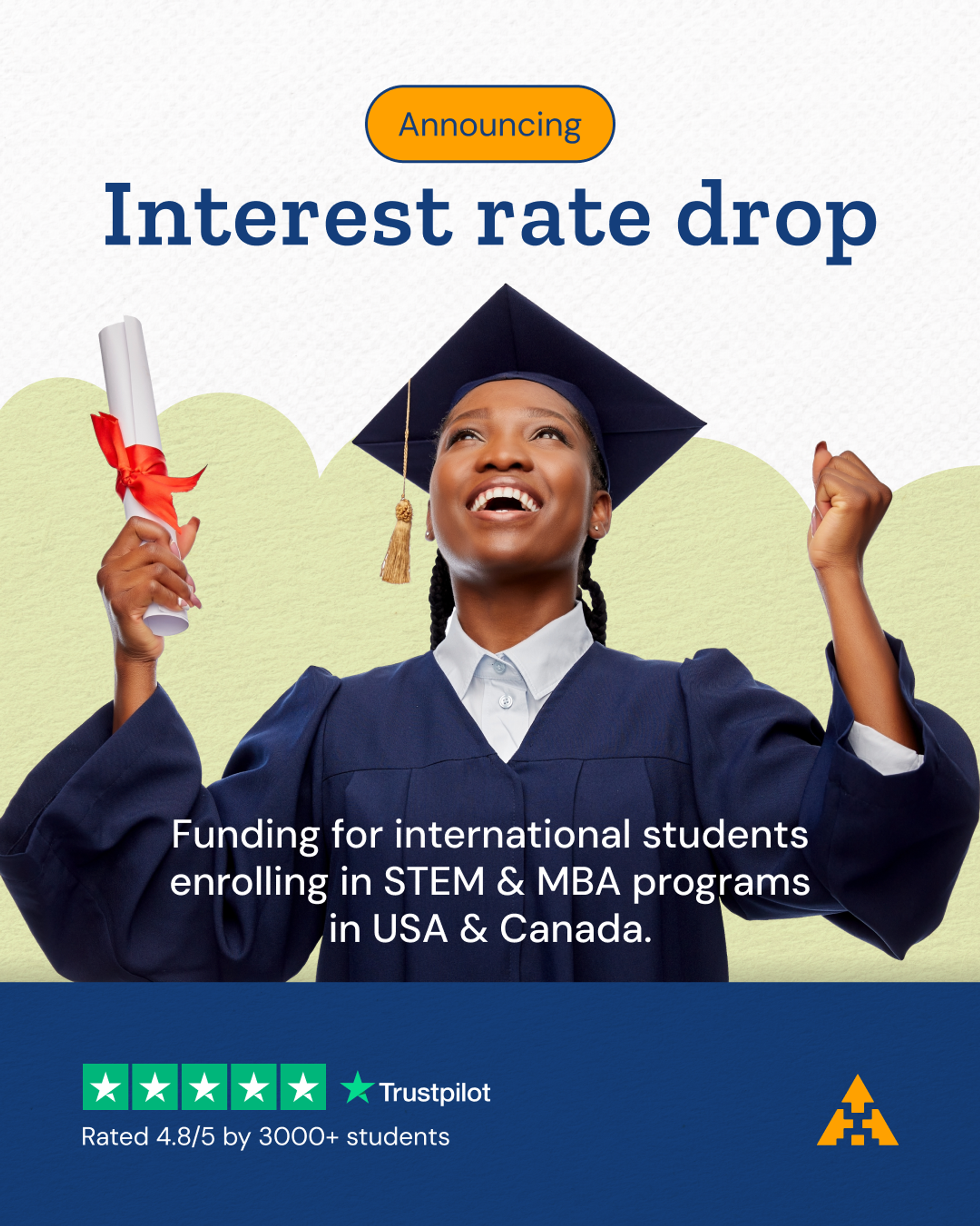 Interest-rate-drop announcement — a graduate cheering against a sage cloud shape, over funding terms for international students on STEM and MBA programmes in the US and Canada.