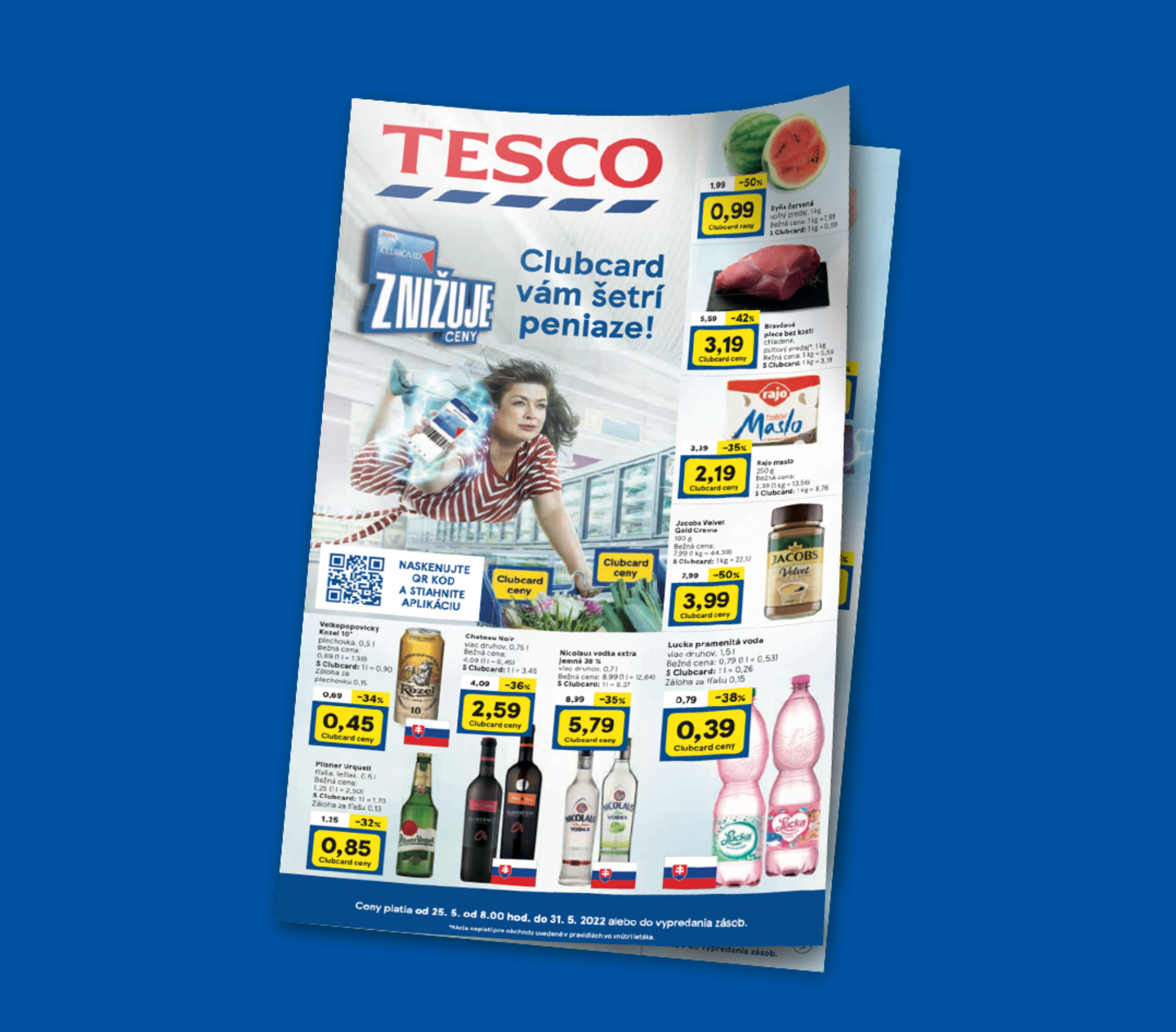 A Slovak weekly leaflet cover: the flying shopper and the ZNIŽUJE CENY lockup above a grid of Clubcard prices on meat, butter, coffee and drinks.