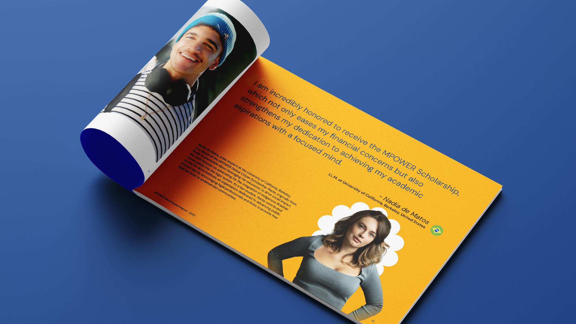 A Social Impact Report spread opened flat — a scholarship recipient’s quote set sideways across an orange page, her portrait cut into a flower shape.