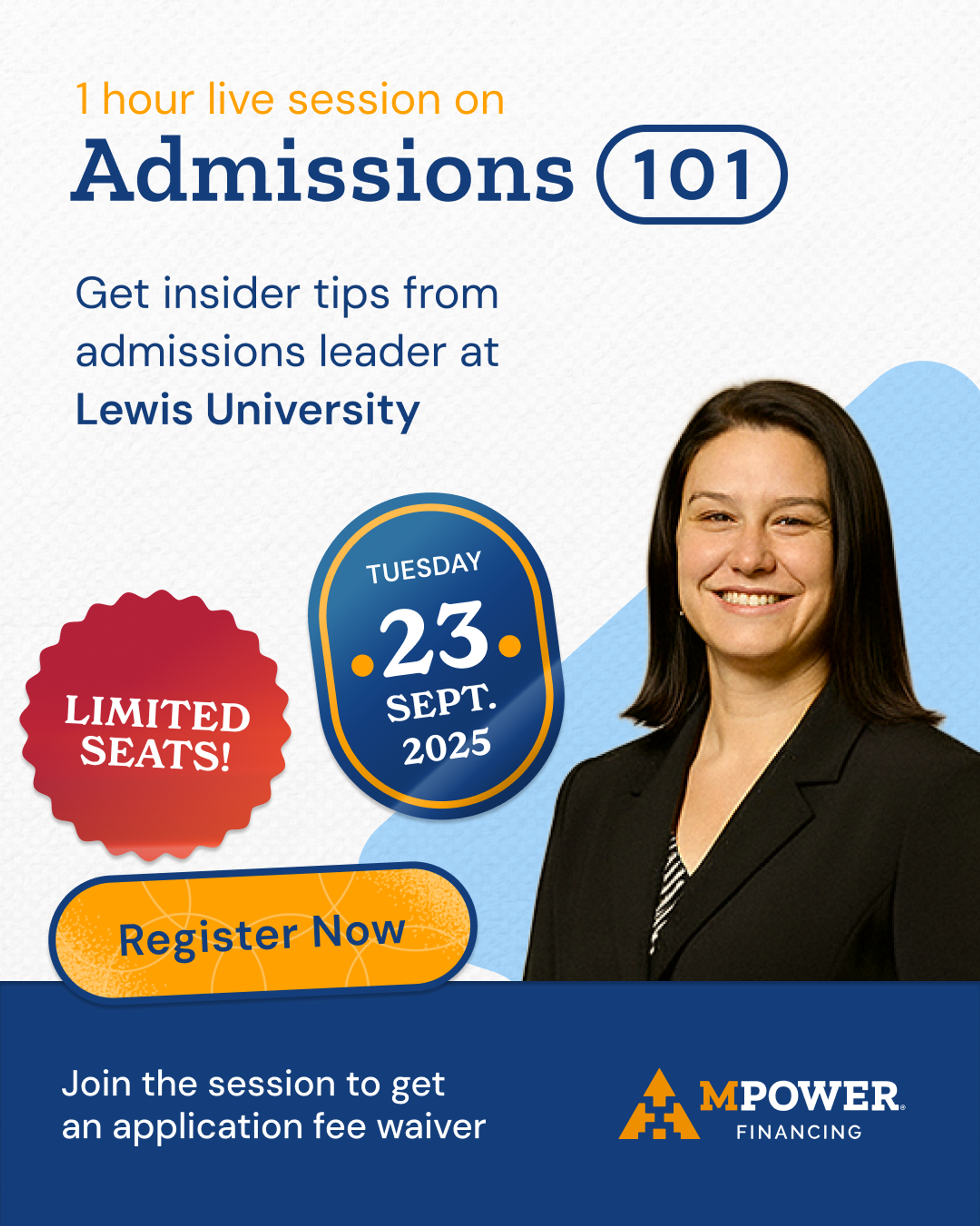 Webinar post for a one-hour Admissions 101 session with Lewis University, carrying a date badge, a “Limited seats!” seal and a Register Now button.
