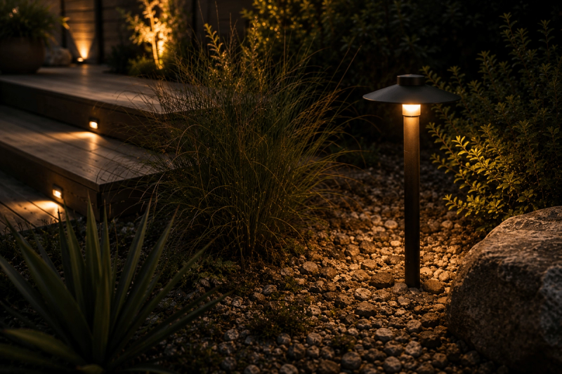 Golden Hour landscape lighting with low-voltage path bollard illuminating native grasses and deck steps at night