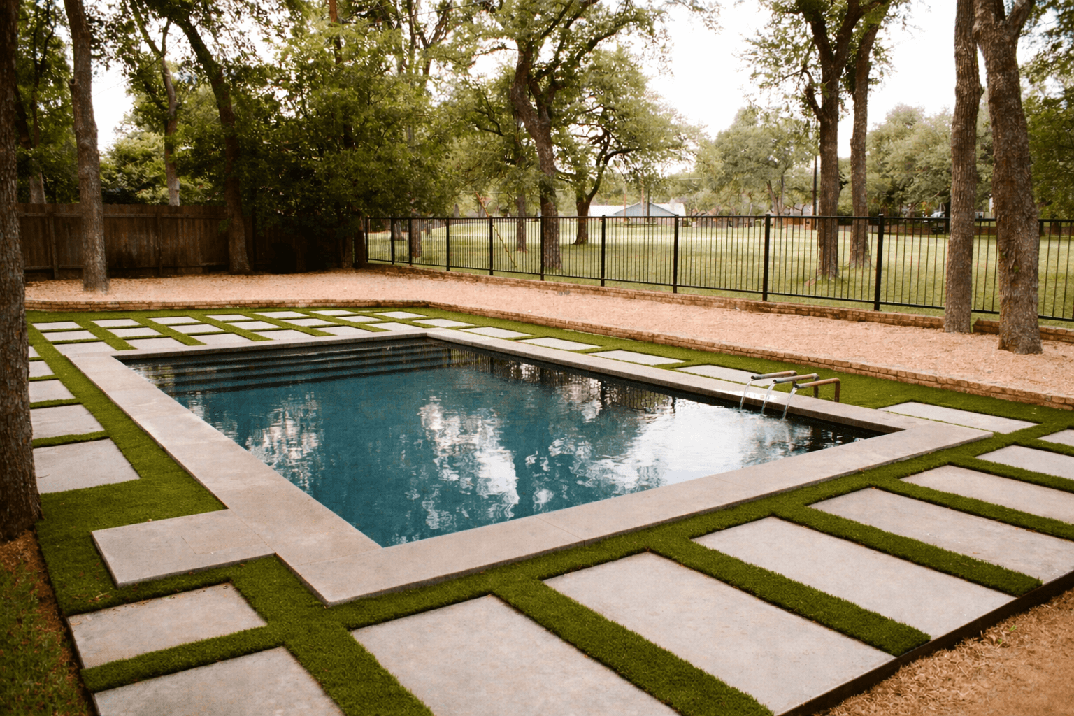 Golden Hour Pools Grand in San Antonio, featuring geometric pavers with grass strips and oaks and gunite plaster finish
