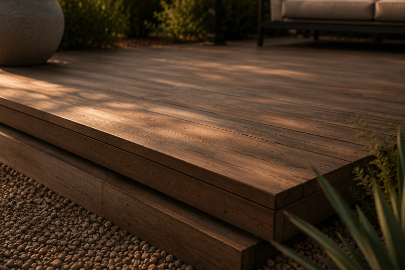 Golden Hour landscape elevated hardwood deck step above crushed pebble gravel with agave planting at dusk