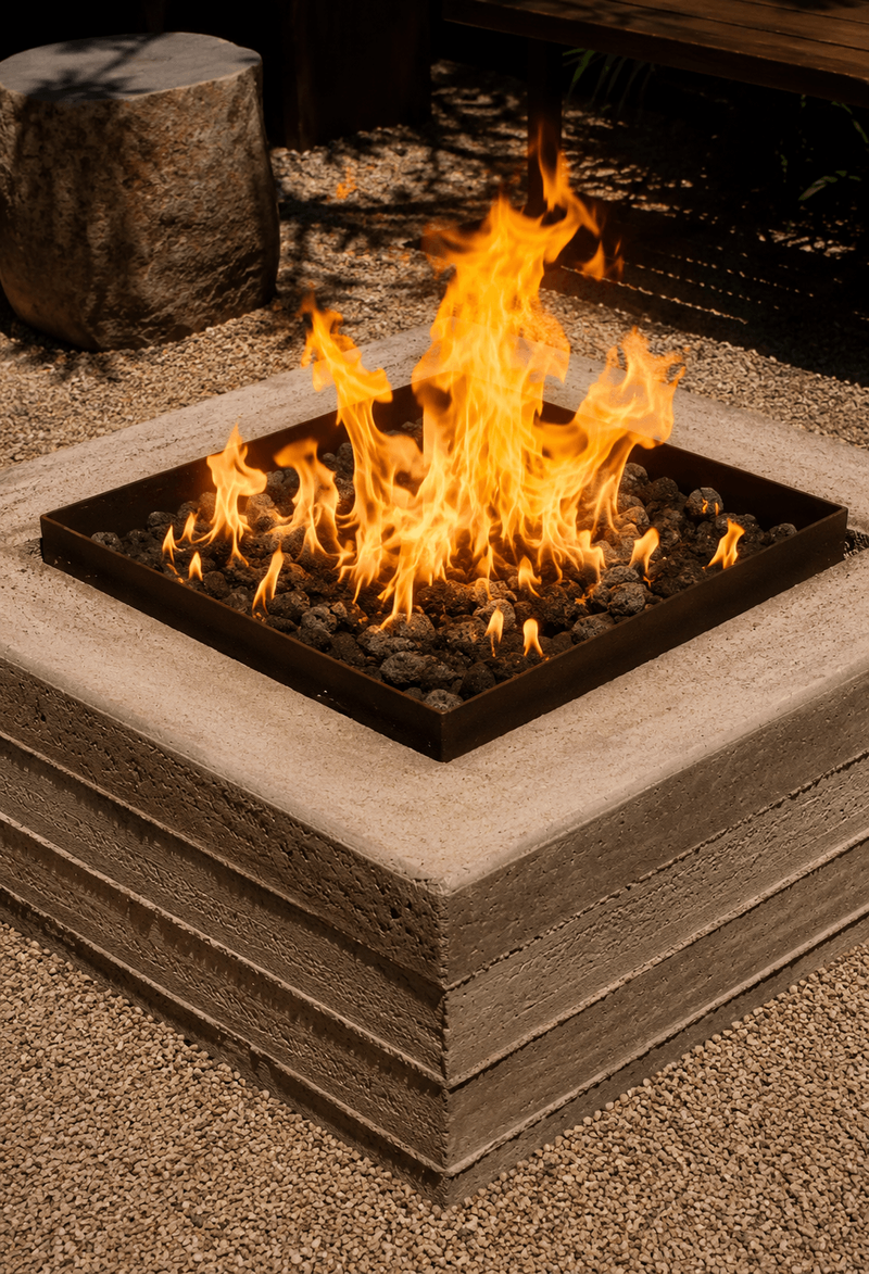 Golden Hour landscape fire pit with board-formed concrete base and steel insert surrounded by gravel