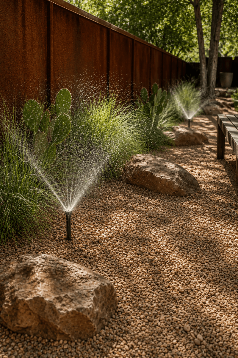 Golden Hour landscape irrigation sprinklers watering native Texas plantings with prickly pear and ornamental grasses