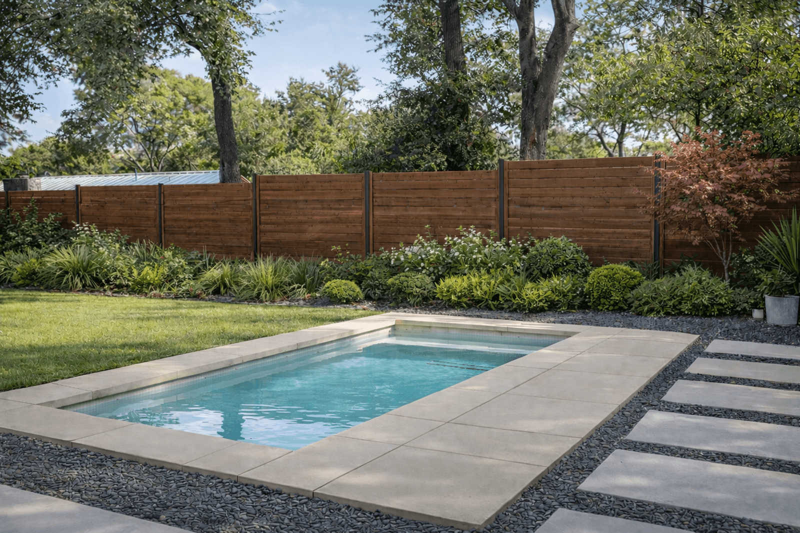 Golden Hour Pools Classic in Houston, featuring japanese maple and lush border plantings and gunite plaster finish