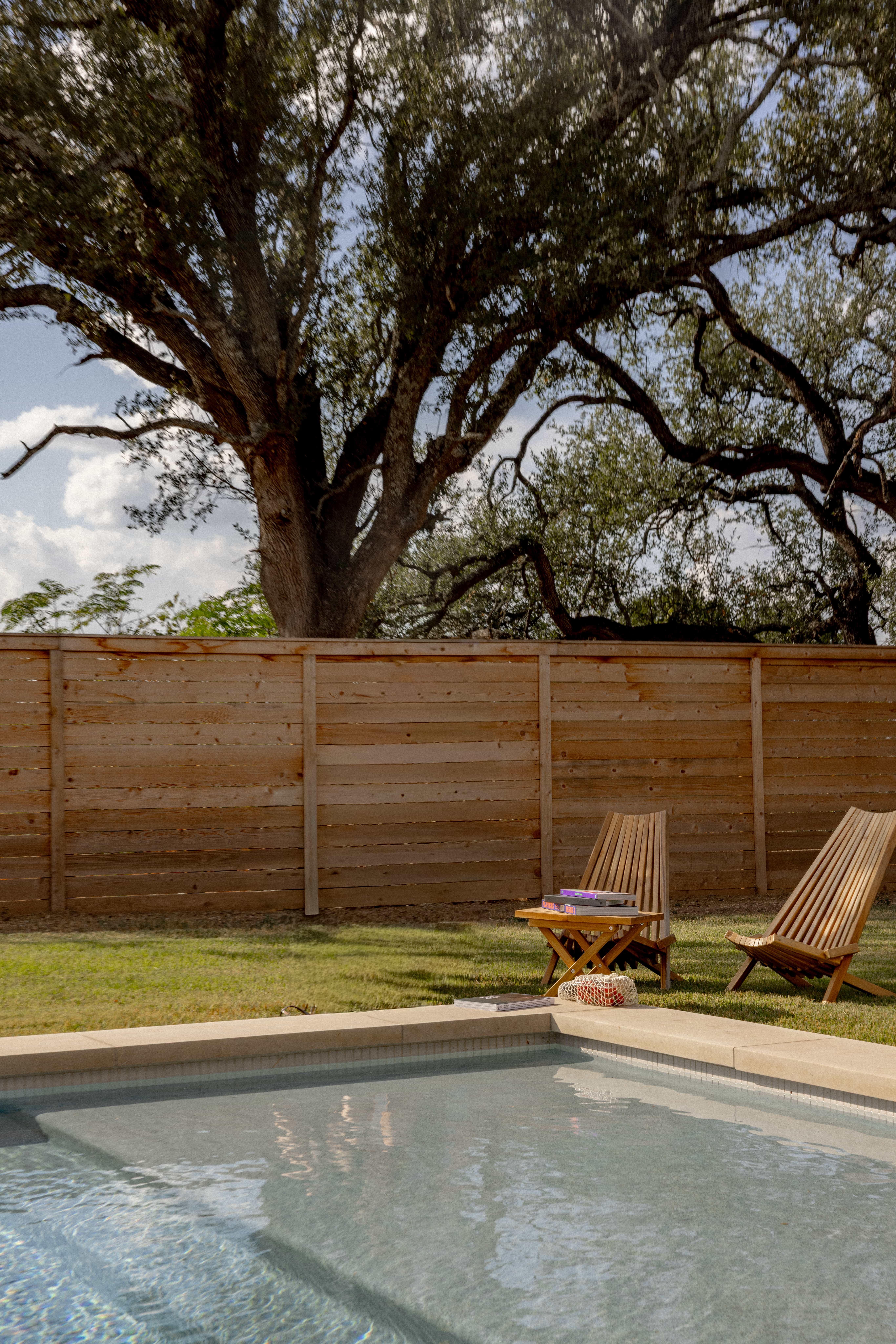Golden Hour Pools Grand in Waco, featuring full backyard with horizontal fence and gunite plaster finish