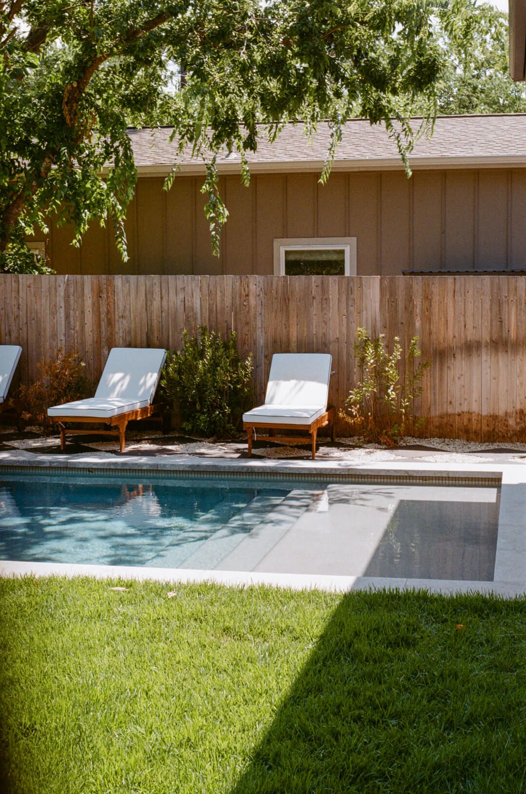 Golden Hour Pools Classic in San Antonio, featuring loungers and tanning ledge in sun and gunite plaster finish
