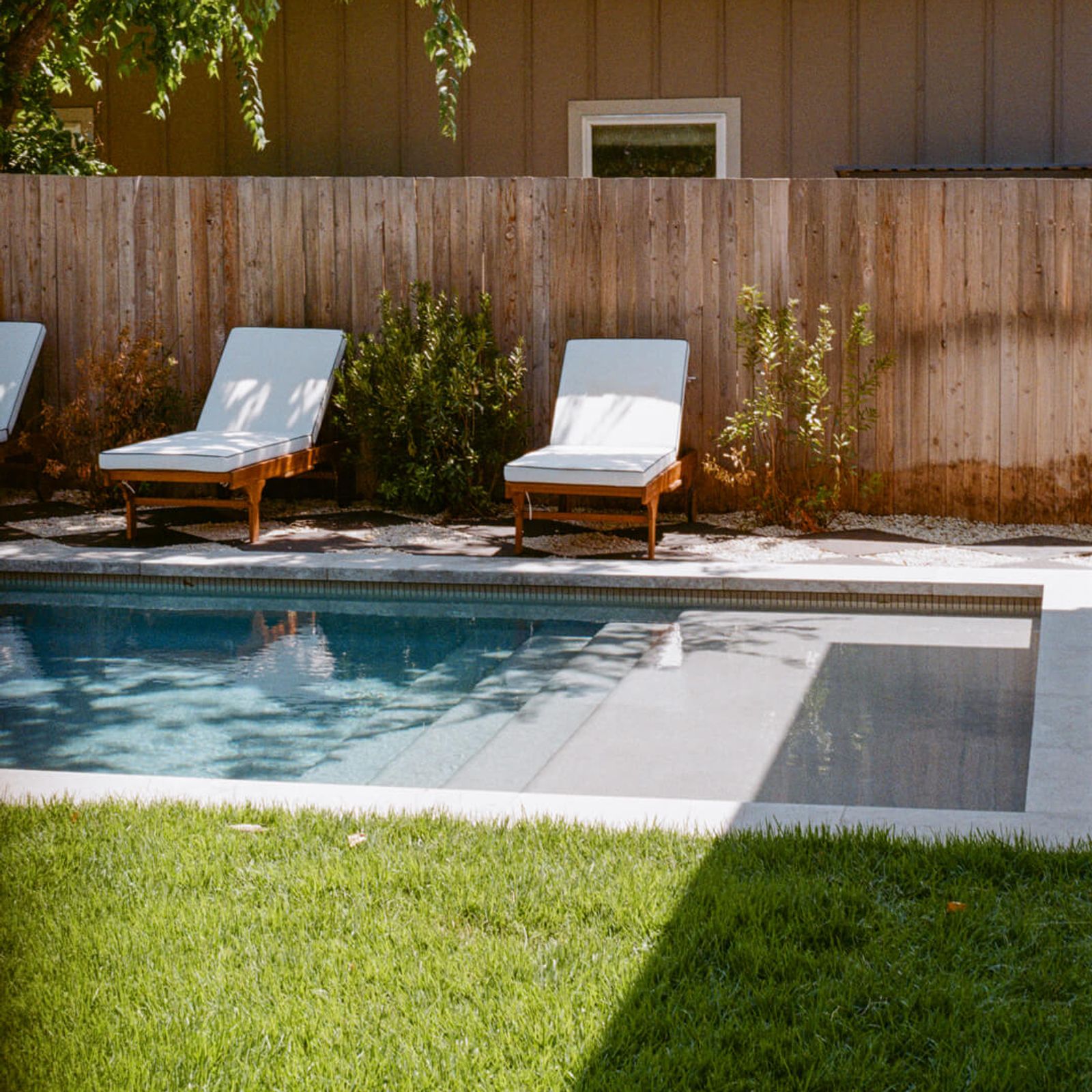 Golden Hour Pools Classic in San Antonio, featuring loungers and tanning ledge in sun and gunite plaster finish