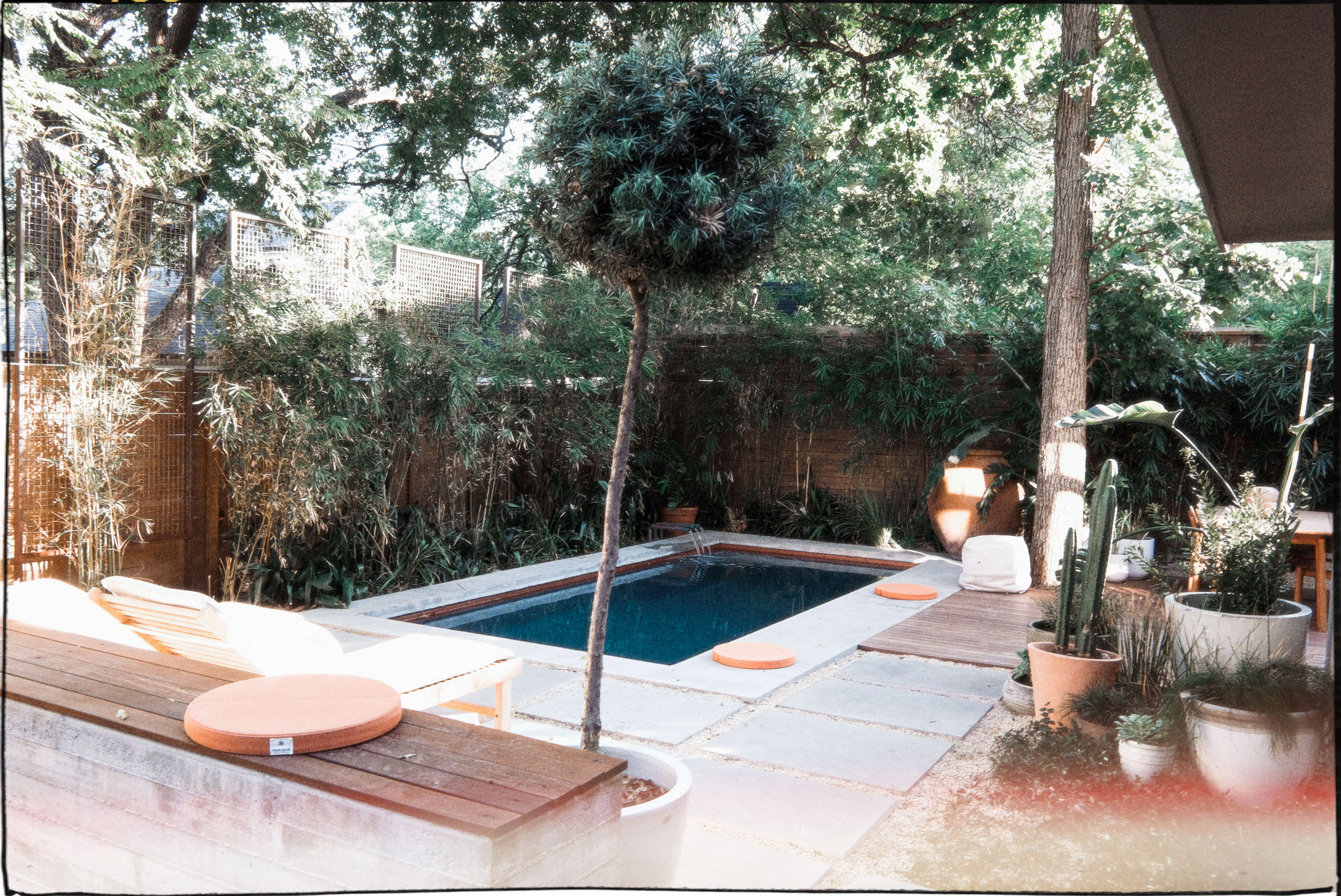 Golden Hour Pools Classic pool with Lueders stone coping and ipe wood deck in an Austin, Texas backyard