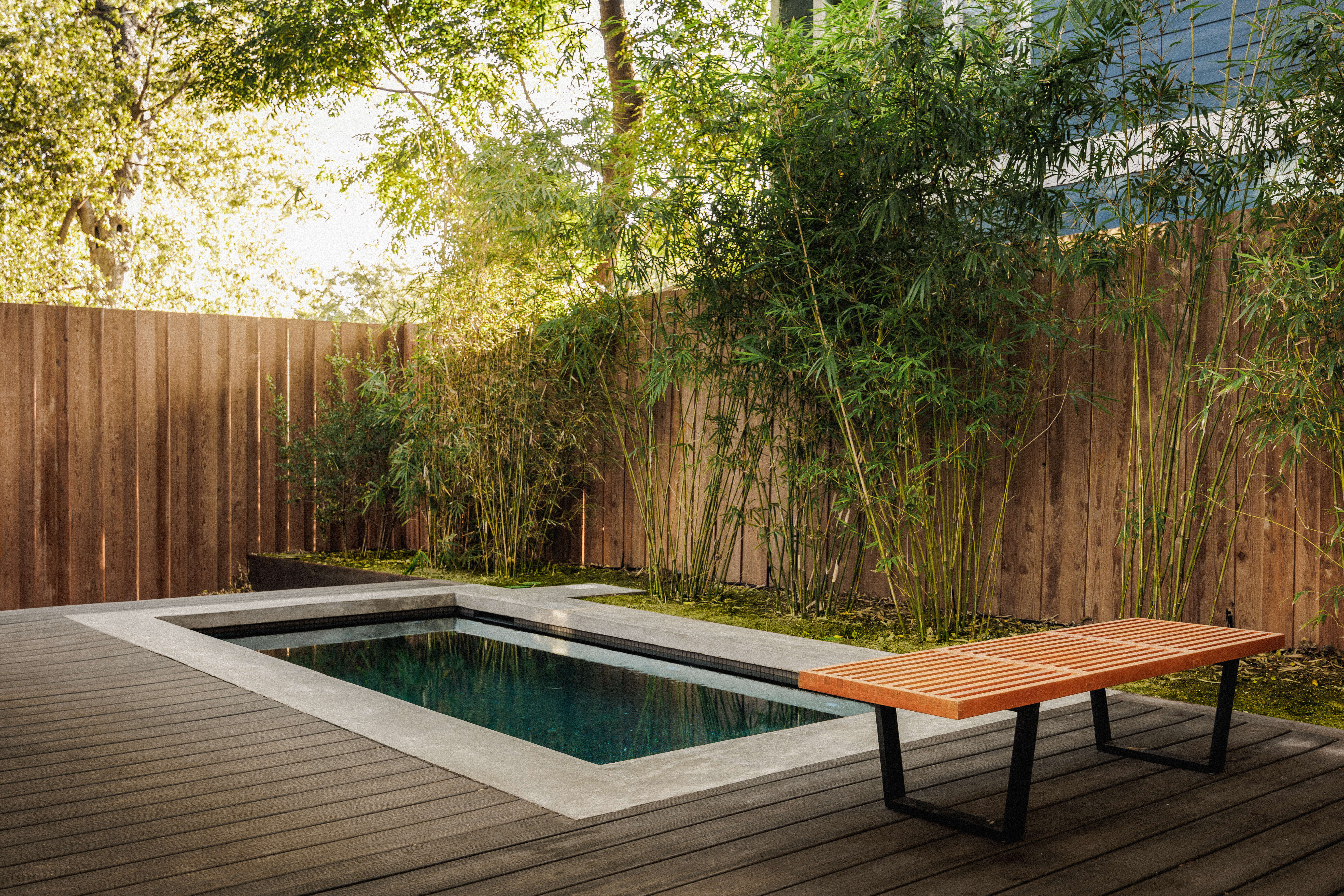 Golden Hour Pools Mini in Austin, featuring modern deck integration with mid-century home with gunite plaster finish