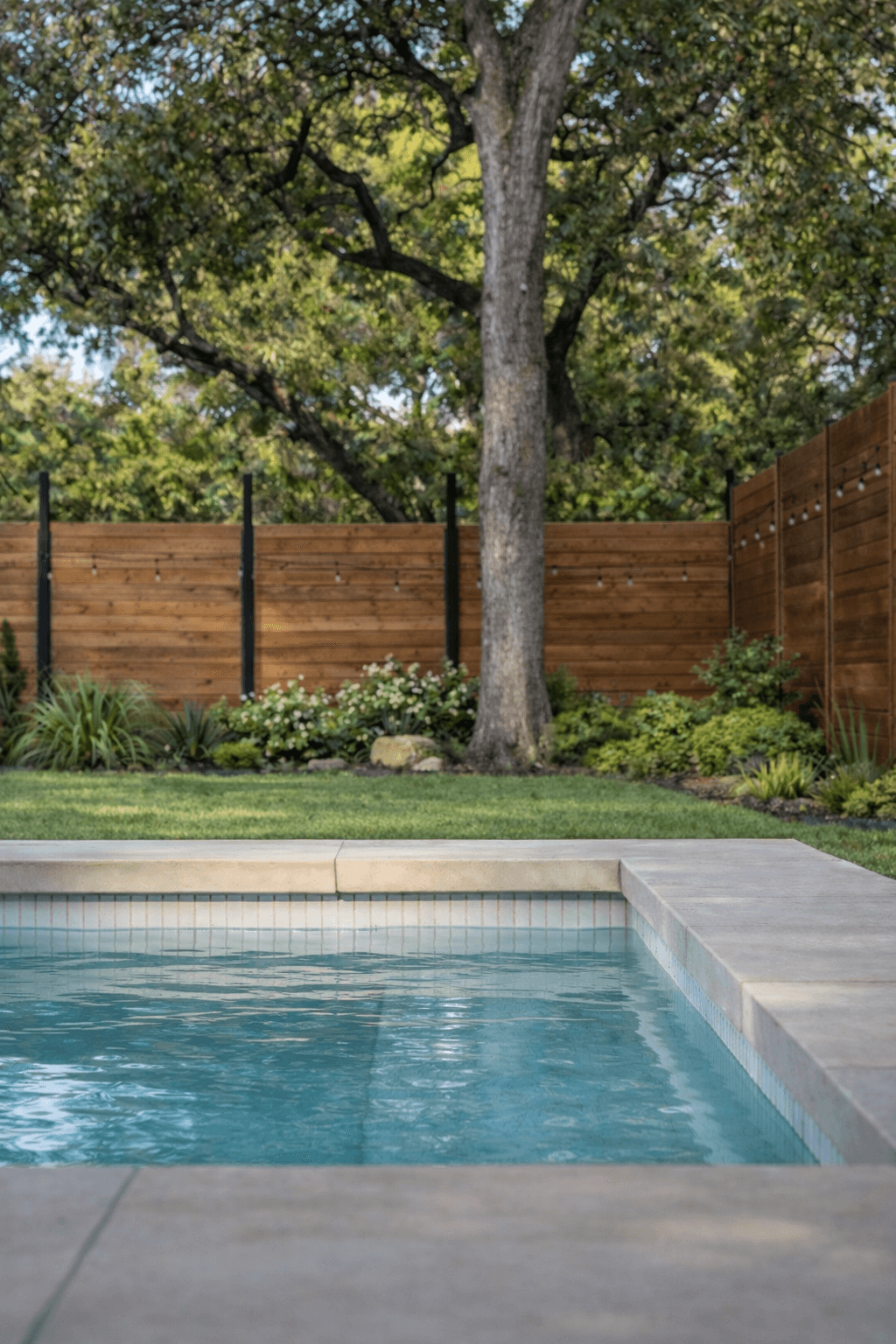 Golden Hour Pools Classic in Dallas, featuring waterline tile and oak tree with string lights and gunite plaster finish