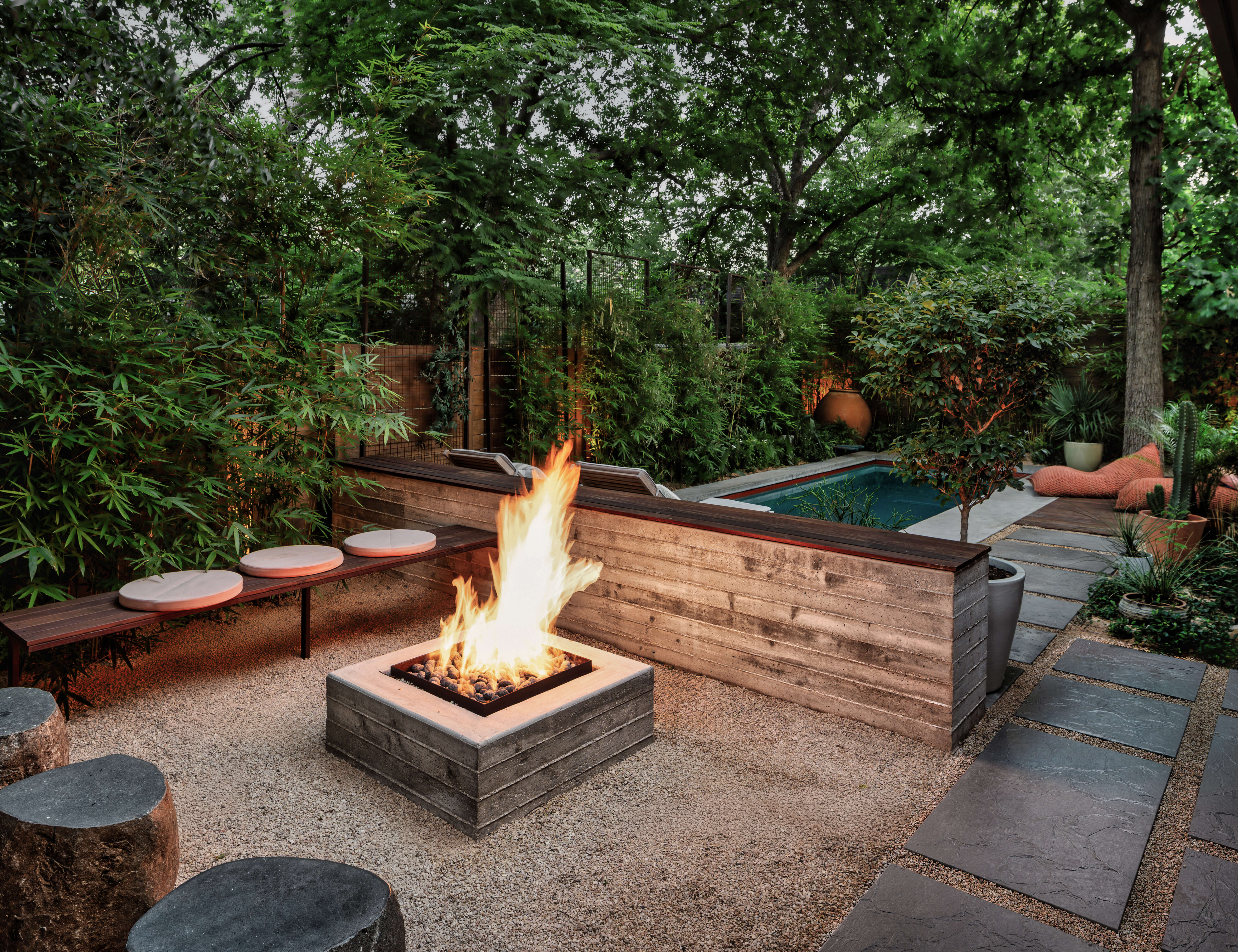 Golden Hour Pools Classic in Austin, featuring fire pit and Classic gunite pool with bamboo and live oak canopy in Zilker
